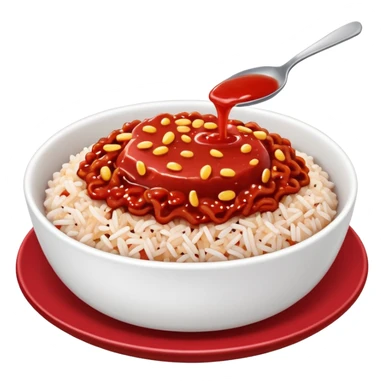 a plate of red sauce-covered rice (red donburi) with a bite taken out sticker