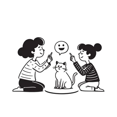 two girls and a cat drawing an emoji, hand-drawn doodle style sticker