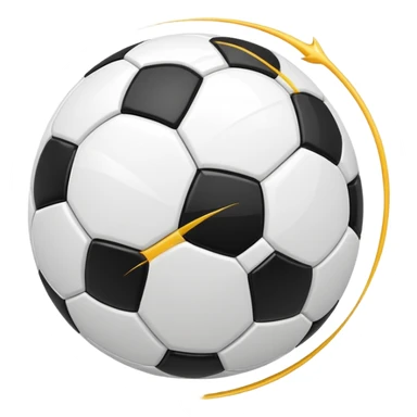 Apple-style emoji of a soccer ball with curve effect, flying with curved wind trails showing spin, glossy 3D look, clean minimal design, soft lighting, transparent background. sticker