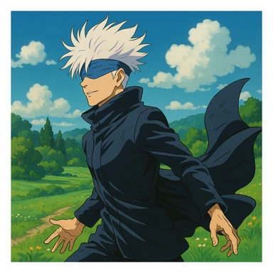 Gojo Satoru, dynamic pose, wind blowing coat, white hair, blue blindfold, lush scenery, Ghibli style sticker