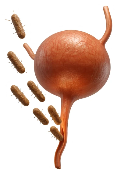 batteri intestinali che migrano ed entrano in una vescica anatomica realistica per infettarla, iperrealistico 4k sticker