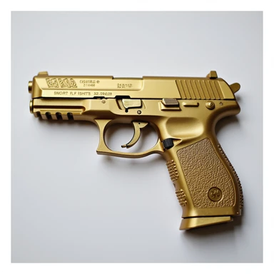 photorealistic gold pistol with a matte finish, no heart shapes or motifs, white background sticker