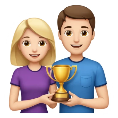 Create an emoji that reflects man & woman that is happy, and that asks a lot of questions and have trophy all around him & her sticker