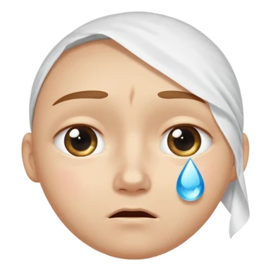cartoon-style human character with round face and light skin, one large teardrop falling from the eye, big white tissue gently wiping the tear, emotional expression, clean white background sticker