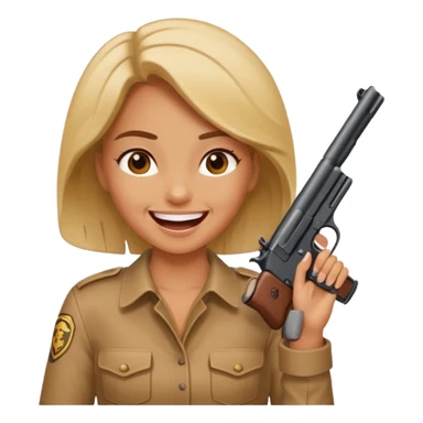 Girl laughing while holding gun with the top of it to head sticker
