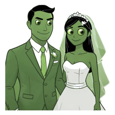 A Blonde girl with light brown skin in wedding dress with  a white man next too her with a suit on sticker