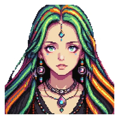 Beautiful girl with metal jewelry, colorful, long hair, dreamy expression sticker