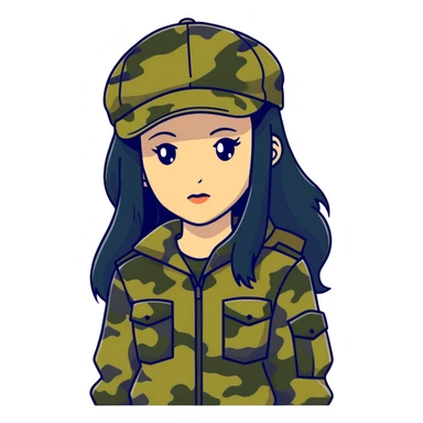 woman with long black hair in camouflage outfit wearing IC daddy cap sticker