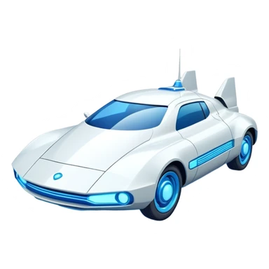 Futuristic retro hover car with angular design and glowing blue wheels, flat vector style, minimal color palette with blue highlights sticker