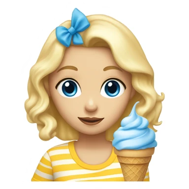 Girl with blonde hair, blue eyes, yellow striped shirt, holding vanilla ice cream cone sticker