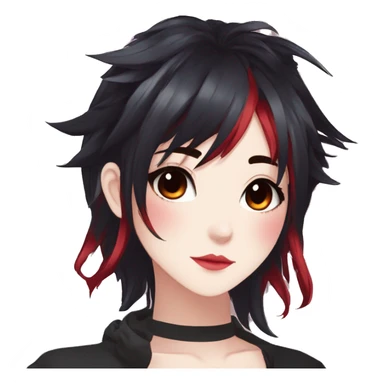 Gorgeous anime style lady with blushing face aesthetic and pretty edgy black red punk hair with hair garment trending style sticker