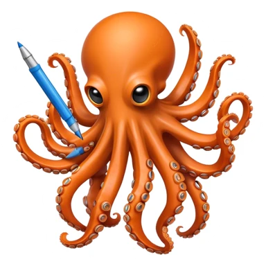 Friendly orange octopus robot holding 8 pens sticker