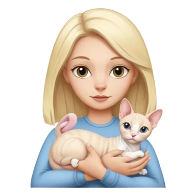 A white girl with blonde hair is holding a white Sphynx cat in her arms sticker