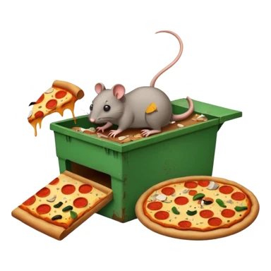 emoji-style icon of a pizza restaurant with a pizza sign, a big rat dragging trash out of an overflowing dumpster, garbage and food scraps scattered, dirty and gross, clear at small size, no text sticker
