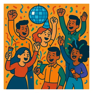 A group of friends at a party, some holding party poppers, vibrant cartoon style, with a disco ball overhead. sticker