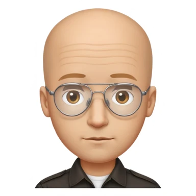 Oval-faced man with large forehead, aviator glasses, completely bald sides with extremely short dark curly hair only on crown, light brown skin, friendly neutral expression, black shirt sticker