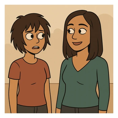 dos chicas, una con pelo corto desmechado en capas hasta la barbilla, castaña, piel morena; la otra con pelo lacio hasta el hombro, castaña, piel morena, estilo flat-toon sticker