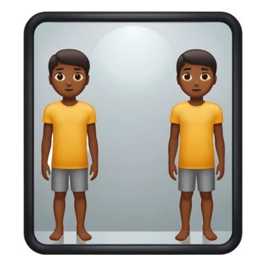Minimalist emoji-style sticker of a person standing before a mirror, but the reflection is moving differently. Black and gray icon.
 sticker