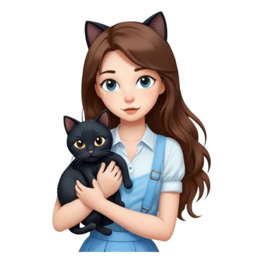 A sexy girl with long hair wearing a light blue suspender skirt hugs a black cat tightly sticker