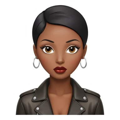 Gorgeous woman shiny black hair no eyebrows leather jacket Alluring black woman wide nose bald head big glossy lips sticker