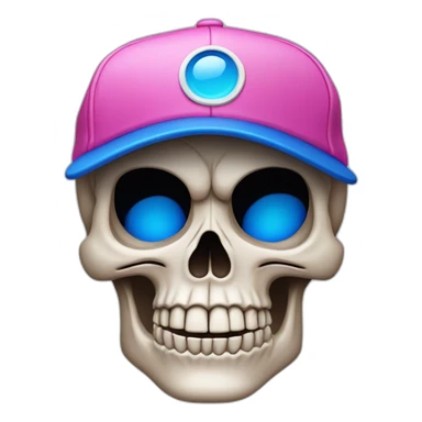 a skull looking off centre by 45 degrees. Wearing a pink baseball cap with a blue “B” motif sticker