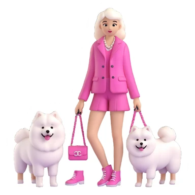girl in pink Chanel-style outfit with white Samoyed dog sticker