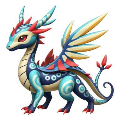 zig-zag-patterned tribal tropical hot spotted Meloetta-Dialga-Salamence-Giratina-Noibat-Pokémon-Fakémon-fusion-hybrid-creature sticker