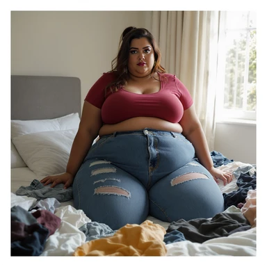 realistic plus-size woman in bedroom, jeans stuck on swollen thighs, seams bursting like balloons, clothes thrown everywhere, vertical format sticker