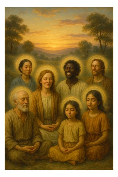 a diverse group of people of different ages and backgrounds sit together in a peaceful natural setting at sunrise, each with serene, joyful expressions. Subtle auras or soft light halos surround them, symbolizing spiritual awakening and inner harmony. The background features gentle hills, trees, and a glowing sky, evoking unity and connection. realistica italiano sticker