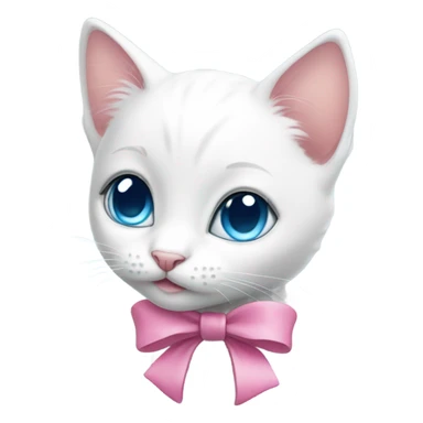 a white kitten with blue eyes and a pink bow around its neck sticker
