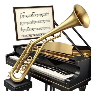 Create an elegant and nostalgic emoji representing a jazz setting with a grand piano (jazz piano), a Selmer Model 19 trumpet with a balanced action, and a vintage microphone on a stand in the foreground. The design should feature the sleek black grand piano with visible keys and a shiny brass trumpet placed beside it. The microphone should have an old-school, retro design with a chrome finish and a classic microphone stand. Add musical notes floating around the instruments to evoke the improvisational spirit of jazz. Use rich, dark colors like black, gold, brass, and silver to reflect the vintage and sophisticated atmosphere of a jazz performance. The background should be transparent. sticker