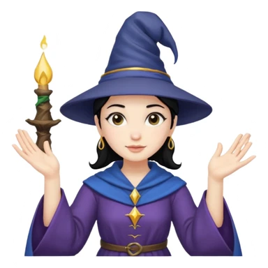 female wizard with black hair in a low bun under a wizards hat with both hands palm up sticker