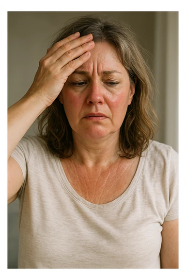 Donna in menopausa con sintomi evidenti. immagini specifiche, senza testo. immagini realistiche 4k sticker