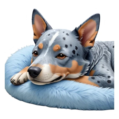 Meme-Worthy Cute Sleeping Blue Speckle Australian Cattle Dog Portrait Emoji, Head resting peacefully with a contented smile, showcasing a robust build and a luxuriously soft blue speckle Fur, eyes shut in a serene nap, Simplified yet hilariously adorable features, highly detailed, glowing with a soft, drowsy light, high shine, relaxed and utterly lovable, stylized with an air of playful laziness, bright and heartwarming, soft glowing outline, capturing the essence of a comically sleepy herder, so meme-worthy it feels like it could instantly become the next viral sensation of adorable slumber! sticker