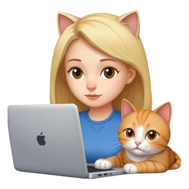 A girl is working on a laptop with a cat lying next to it sticker