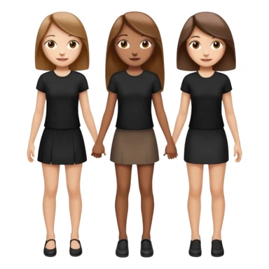 emoji of a girl with long, straight light brown hair, fair skin, soft brown eyes. Wearing a stylish black top and mini skirt. Full-height, standing confidently with shoulders back, head up, smiling proudly. Surrounded by 3 women next to her, holding hands. women are of diferent race sticker