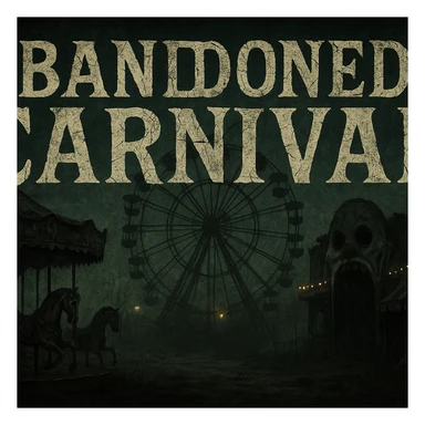 creepy banner, abandoned carnival, broken rides, eerie lights, unsettling atmosphere, vintage horror style sticker