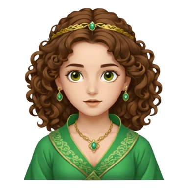 very beautiful italian girl, looking a bit like Emma Watson, with curly and big volume very bright brown hair, and a golden piercing ring in nose on left side, dressed in a beautiful sexy hanfu dress of green colors, nose ring sticker