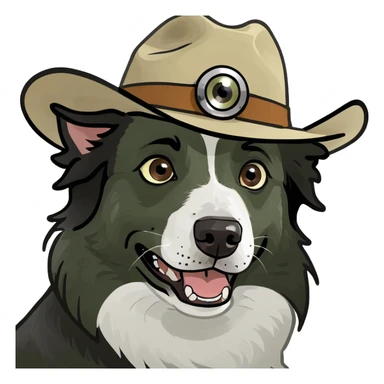 Border collie with crazy eyes wearing a cowboy hat sticker
