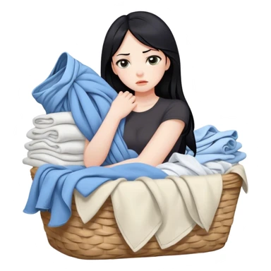 Tired girl with black hair with laundry sticker