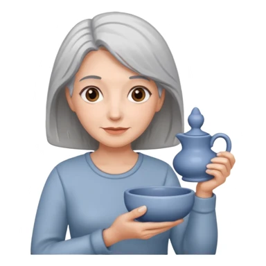 Woman with grey hair with ceramics sticker