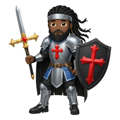 African American with long black dreadlocks with black beard wearing a black knight amour wearing wearing black Air Force 1 low top shoes holding a shield with cross on it and a double edge sword sticker
