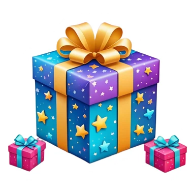 cute gift box with sparkling stars and hearts, smiling wrapping paper, vibrant colors, joyful and romantic mood sticker