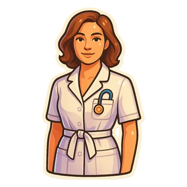 female medical coat with belt, front view, straight angle, looking at camera, retro stickers style, soft rounded shapes, clean contours, pastel palette, detailed shadows and highlights, modern illustration, transparent background sticker