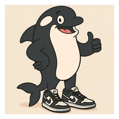 orca standing upright showing off black and white Nike sneakers, fun and bold, flat color style sticker
