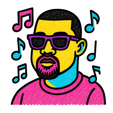 pop art style portrait of Kanye West, bold colors, music theme sticker