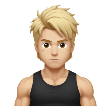 Gym rat with blond brown hair and black t shirt, and messy hair. And muscular sticker