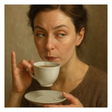 realistic woman giving side eye while sipping hot tea with her pinky up, detailed digital painting, natural lighting sticker