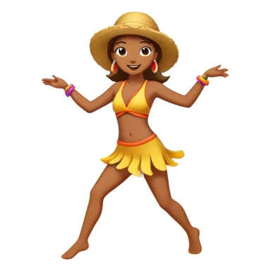 Colorful beach character dancing on sand with sun and ocean, highlighted sticker