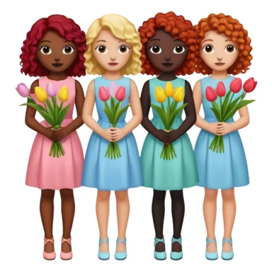 5 girls at a garden party wearing pastel dresses and holding tulips, one is black, one is blond, one has brown hair, one has red hair, the last one is has curly hair sticker